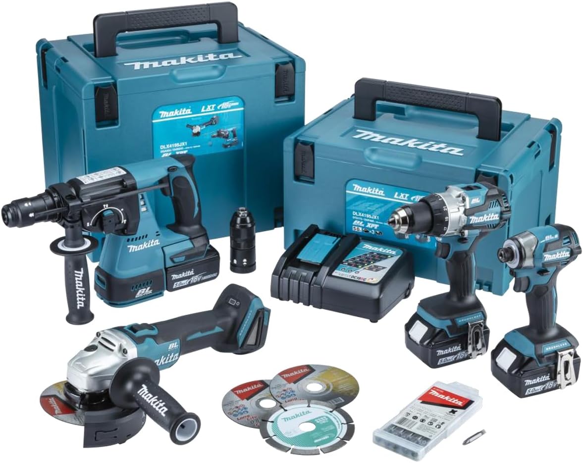 Set DHP489 + DTD173 + DHR243 + DGA504 + 3x BL1850 18V 5Ah + 1x DC18RC Makita DLX4195JX1