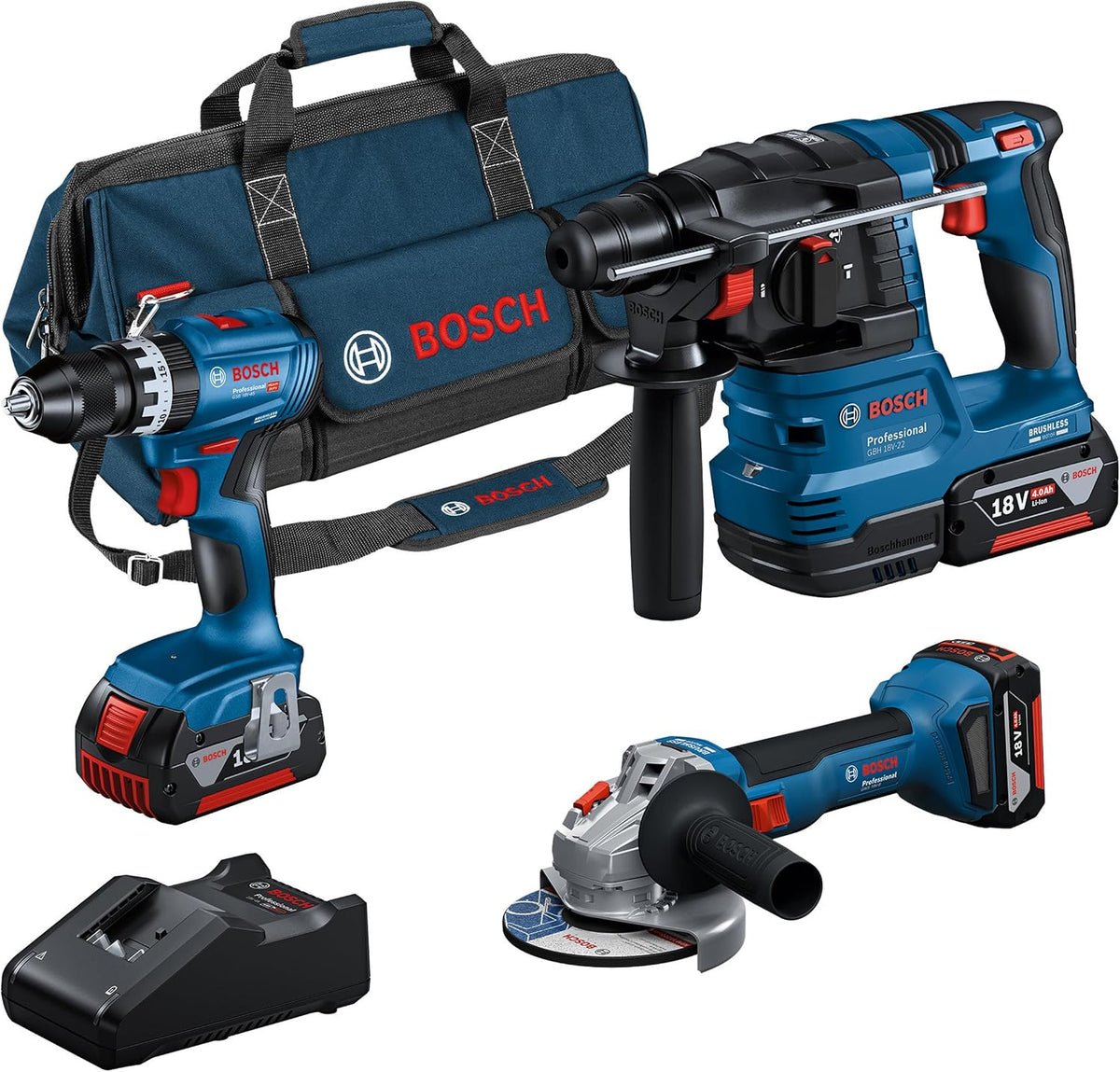 Bosch Professional 18V System Akku-Combo Kit: GSB 18V-45 + GBH 18V-22 + GWS 18V-8 (inkl. 3x GBA 4.0Ah, GAL 18V-40, Werkzeugtasche)