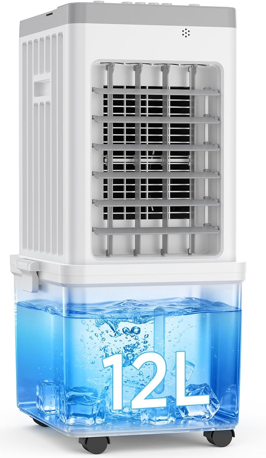 Mobile Klimaanlage, 35dB Leise, 3-in-1 Luftkühler, 12L Wassertank, Für Zuhause, Verdunstungskühler, 3 Kühlakkus, 3 Geschwindigkeiten, 60° Oszillation
