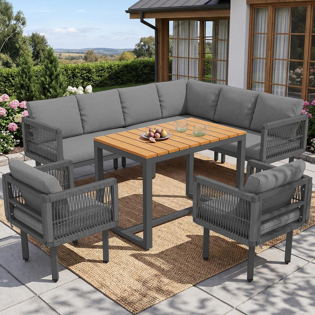 6-teiliges Gartenlounge-Set, Ecksofa mit 2 Sesseln & Tisch, 8-Personen), Outdoor Lounge für Balkon & Terrasse(Grau-B, wetterfestes Stahlgestell