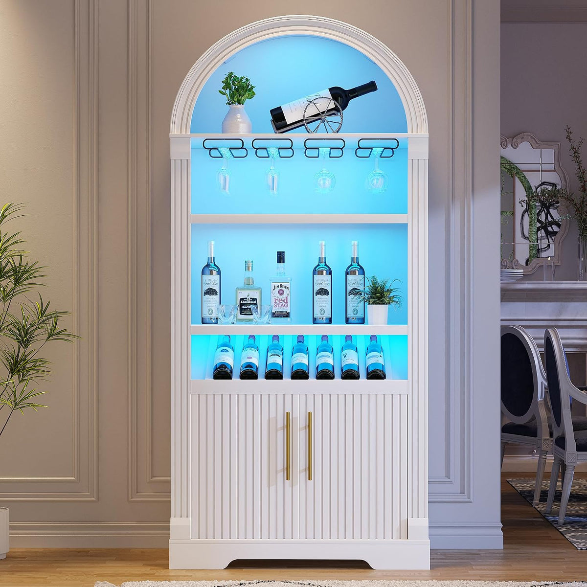 LVSOMT Weinschrank mit LED-Beleuchtung, 180cm Bogen Barschrank, Weiß