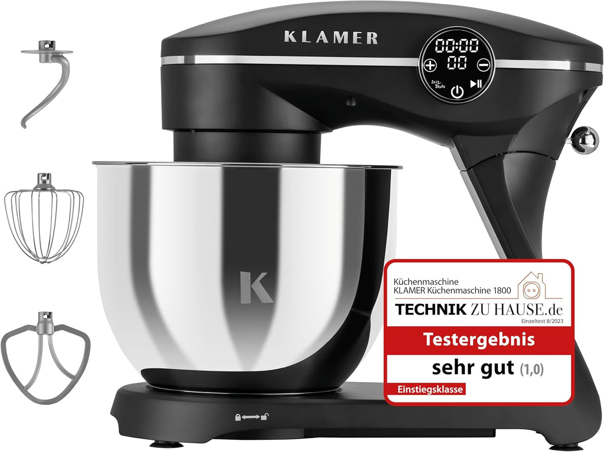 KLAMER Küchenmaschine 1800W, Knetmaschine Brotteig mit 6L Edelstahlschüssel