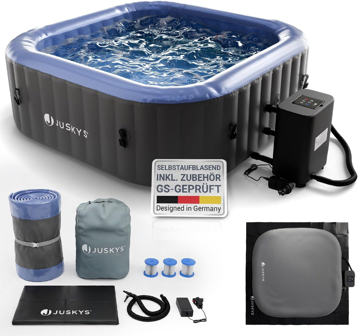 JUSKYS Whirlpool SpaLuxe, 3000W, Aufblasbar, Outdoor & Winterfest, 130 Sprudeldüsen, PVC laminiert, Grau/Blau