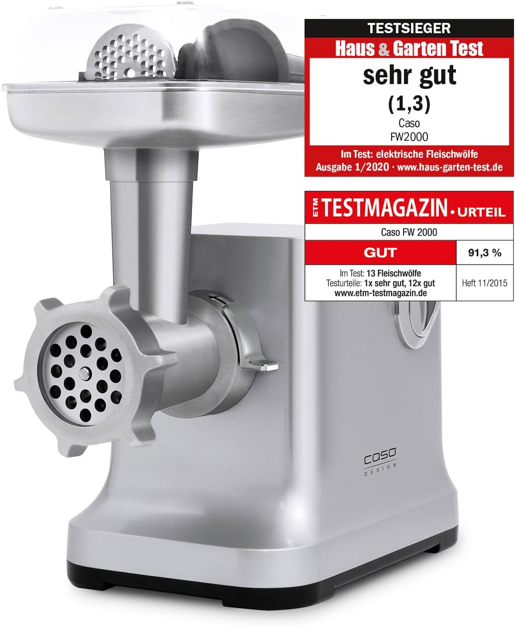 Caso FW2000 Elektrischer Fleischwolf, ca. 2kg/ Minute, Aufsatz 800 W nominal, 2000 W locked, Testsieger Haus & Garten Test, inkl. Spritzgebäck