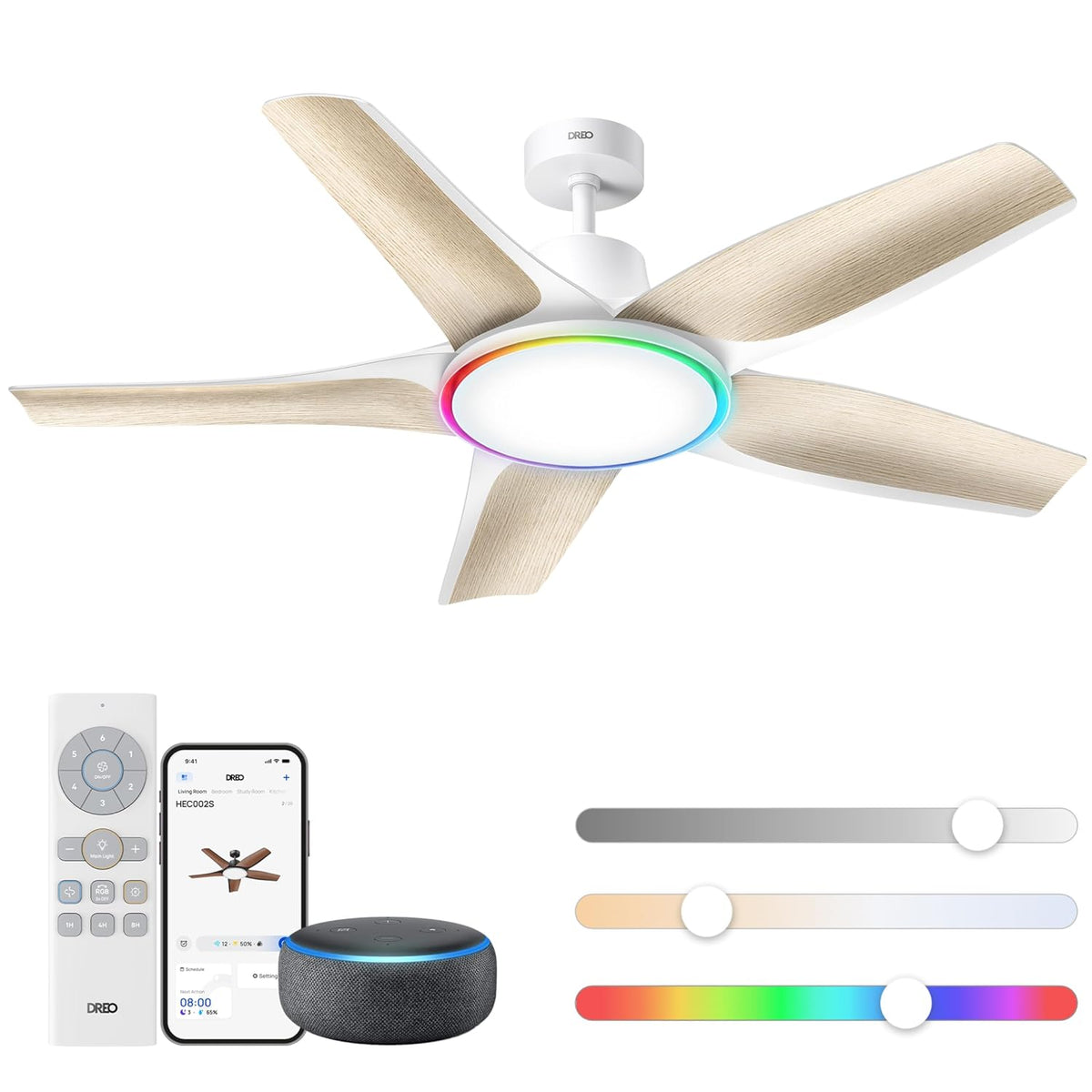DREO Smarter Low-Profile-Deckenventilator mit Licht, 132 cm, dimmbare LED mit einstellbarer Farbtemperatur, RGB-Ambientlicht, leiser DC-Motor, weiß