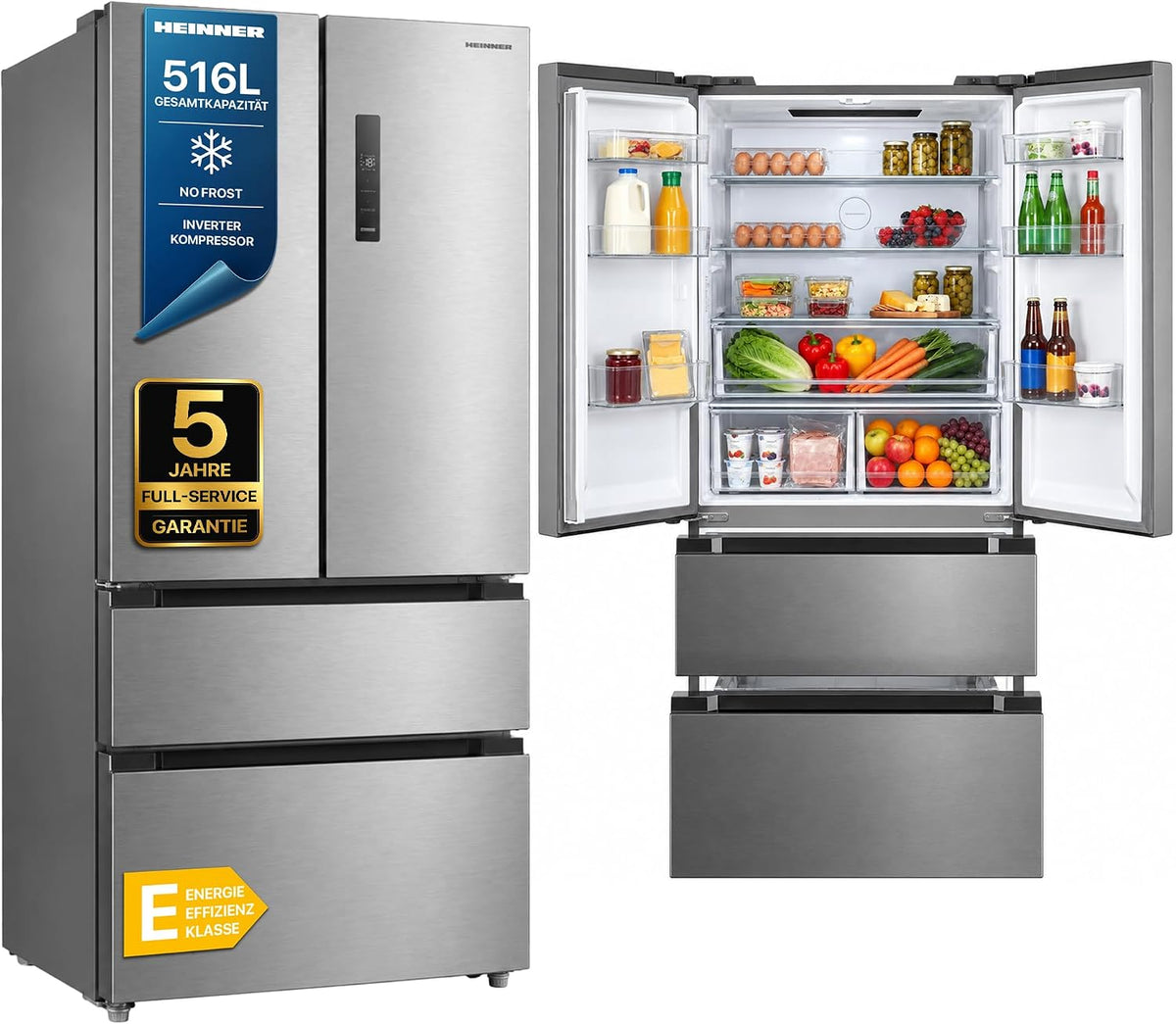 HCFD-M516INVXE++ French‑Door Kühlschrank, 516L Gesamtvolumen, Full No‑Frost, Inverter‑Kompressor, LED‑Touch‑Display, Silber, EnergieklasseE