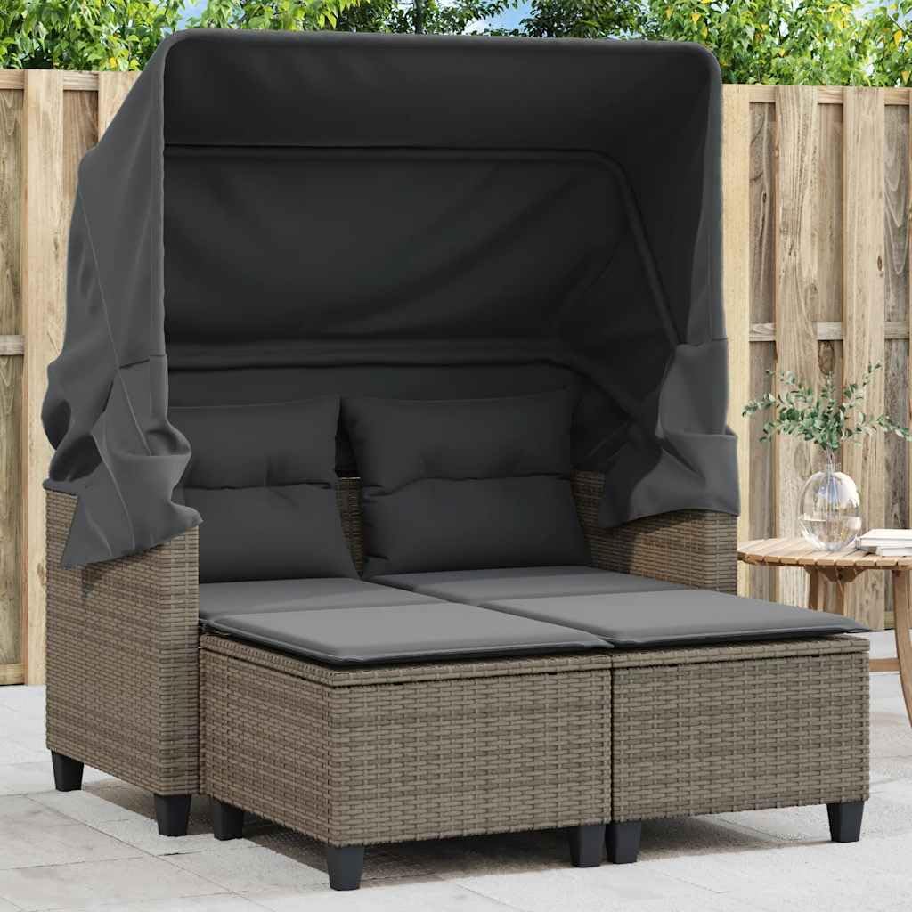 Willood Gartensofa 2-Sitzer mit Dach und Hockern Grau Poly Rattan Outdoor Sofa Gartenmöbel, mit Vordach, Garten Lounge Set Terrasse