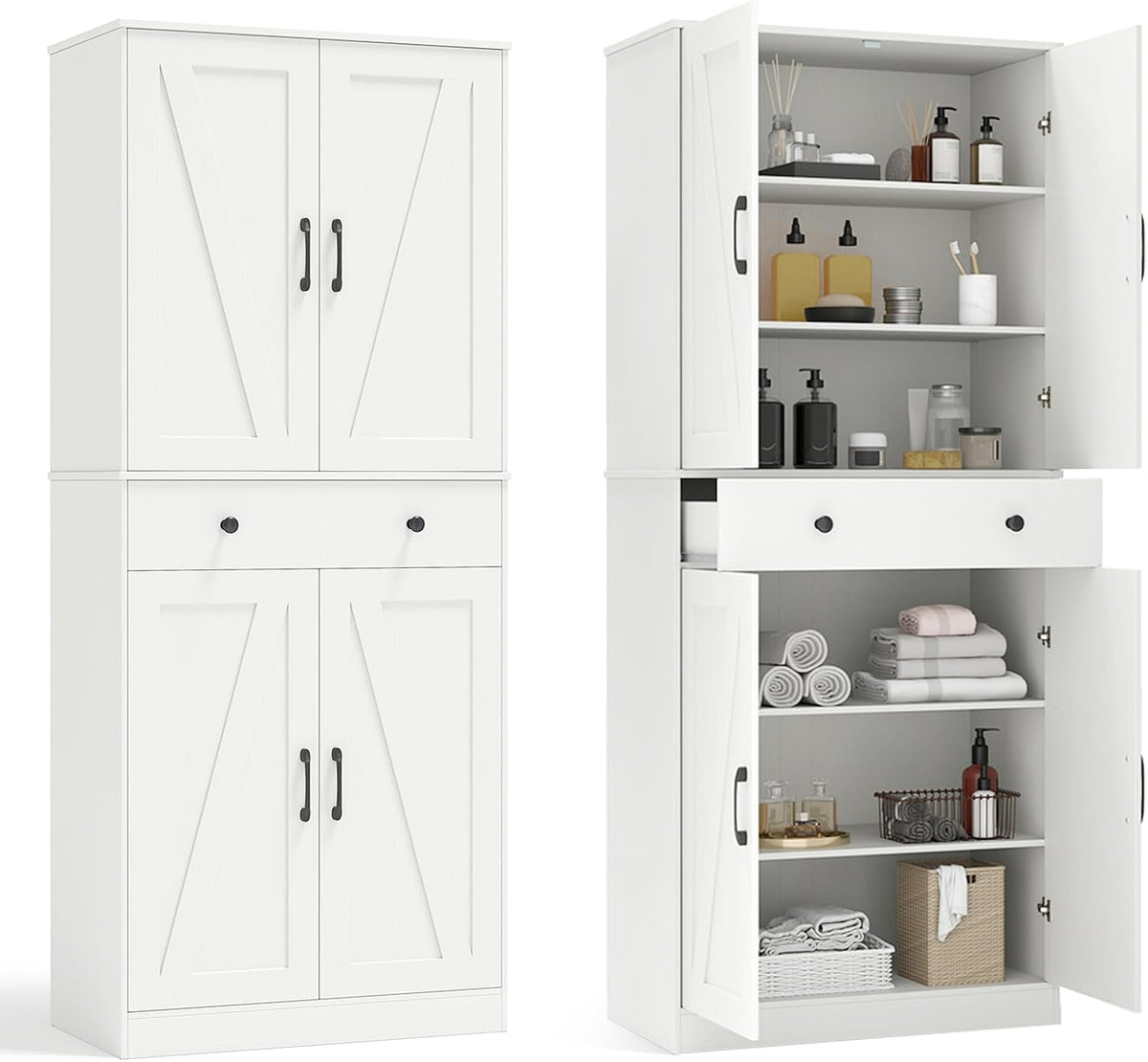 COSTWAY Küchenschrank hoch, 183 cm, Vorratsschrank mit 4 Türen, für Küche Esszimmer Wohnzimmer, Schublade & 3 verstellbaren Regalen, Weiß
