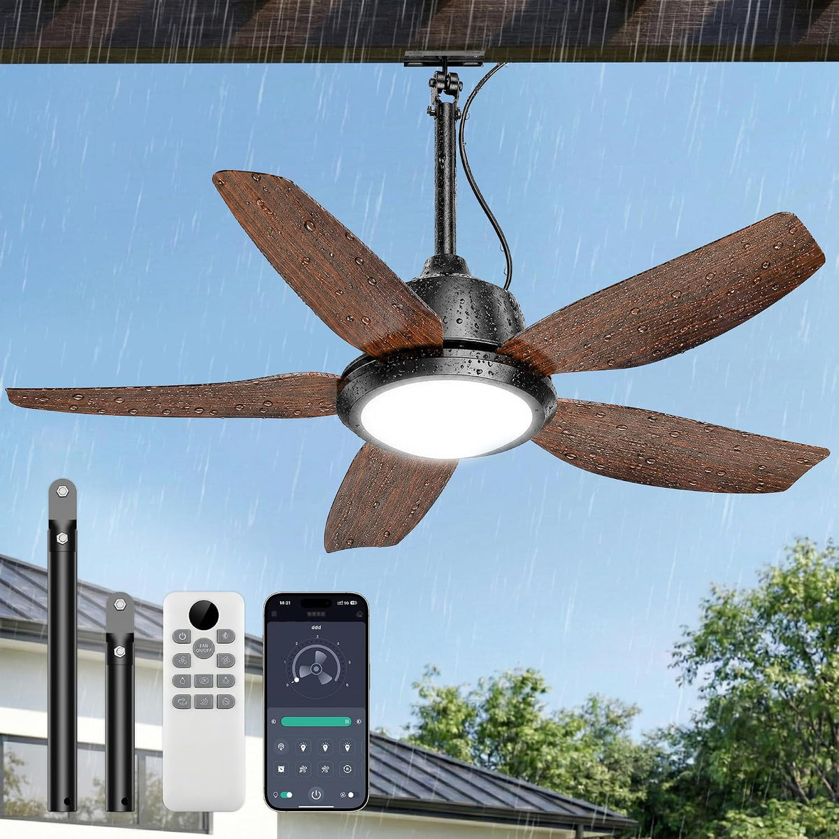 ROTTOGOON Outdoor Deckenventilator mit Beleuchtung 106cm, IP65, 5 Flüge