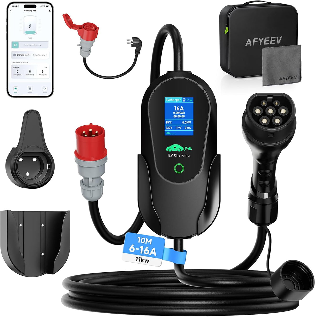 Mobile Wallbox 11kW mit APP 10M, Typ 2 Ladekabel CEE 16A 3-phasig