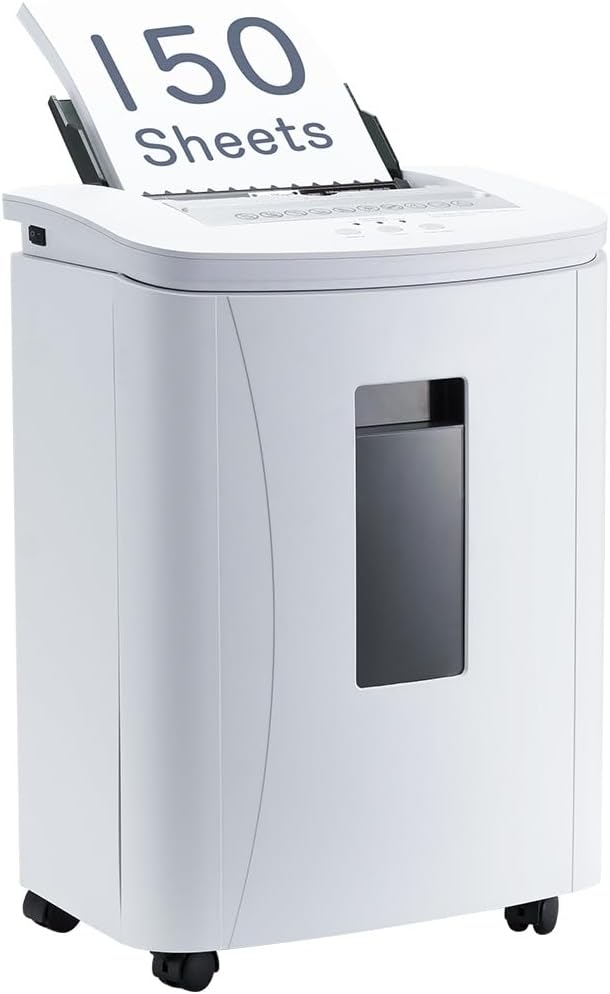 Schredder Aktenvernichter Automatischer Einzug：150 Blatt Dokumente Vernichten Kreditkarten Büroklammern 25L Behälter 3 * 10mm Partikelschnitt P-4