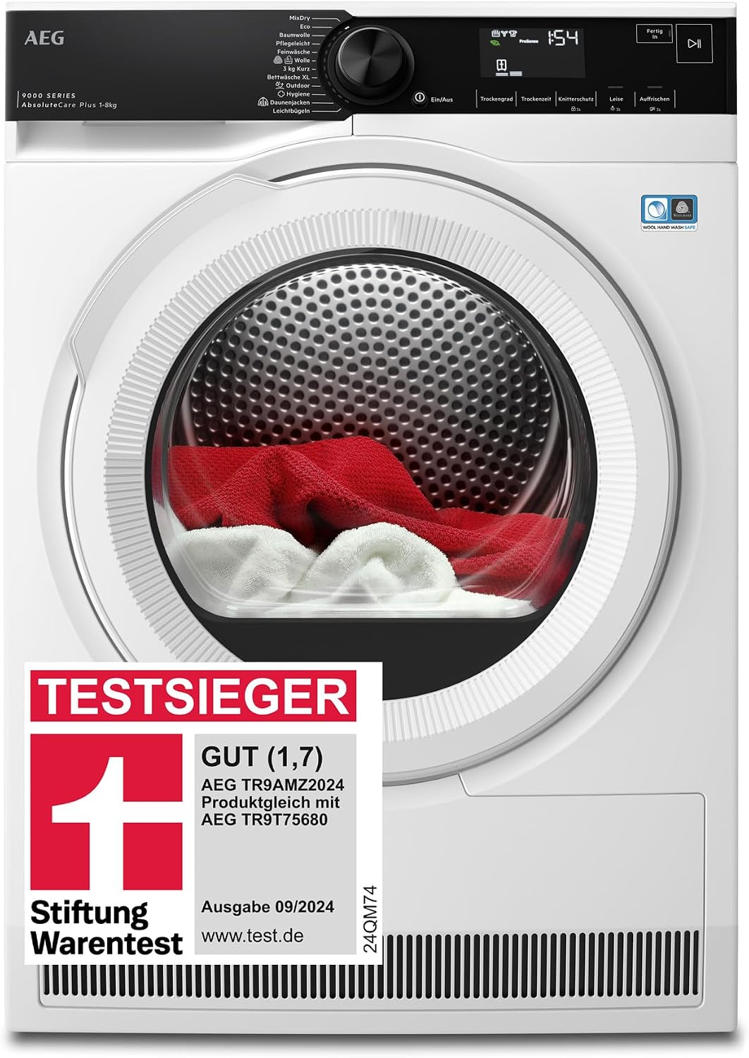 AEG Wärmepumpentrockner 8 kg, 3D-Scan Restfeuchteermittlung, TR9AMZ2024, Testsieger der Stiftung Warentest, Serie 9000 AbsoluteCarePlus, C