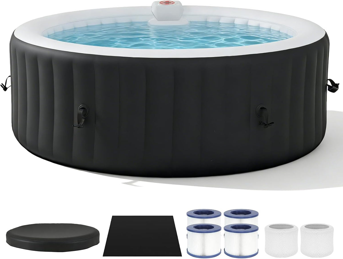Aufblasbarer Whirlpool 208x208cm, 1800W Heizung & 130 LuftMassagedüsen, Schwarzer In-Outdoor Whirlpool für 4-6 Personen, Inkl. Abdeckung & Filter