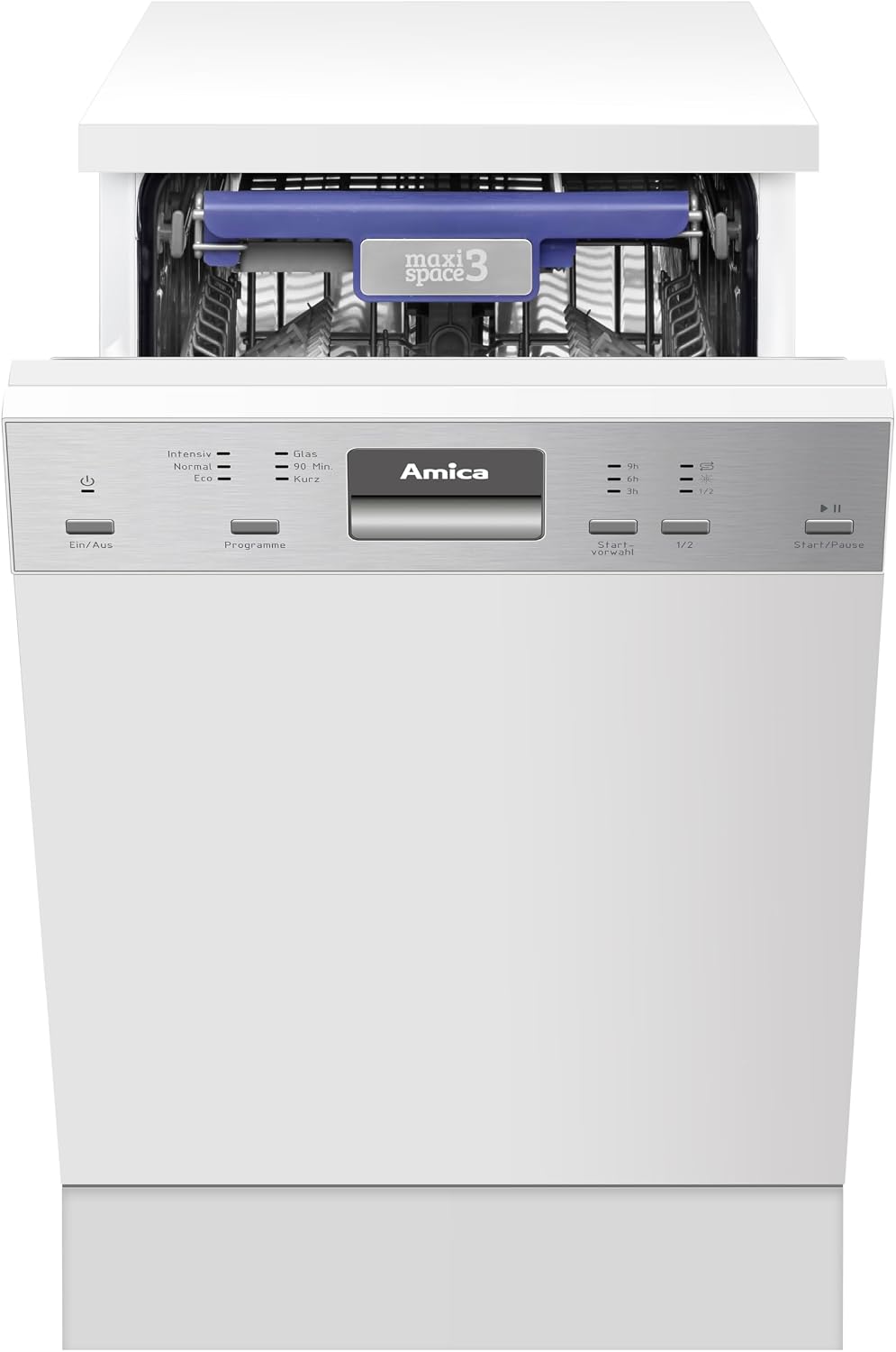 Amica EGSP 14895-1 E Einbau-Geschirrspüler / teilintegrierte Spülmaschine mit Edelstahlblende (ohne Möbelfront) / 45cm Breite / 10 Maßgedecke / 6