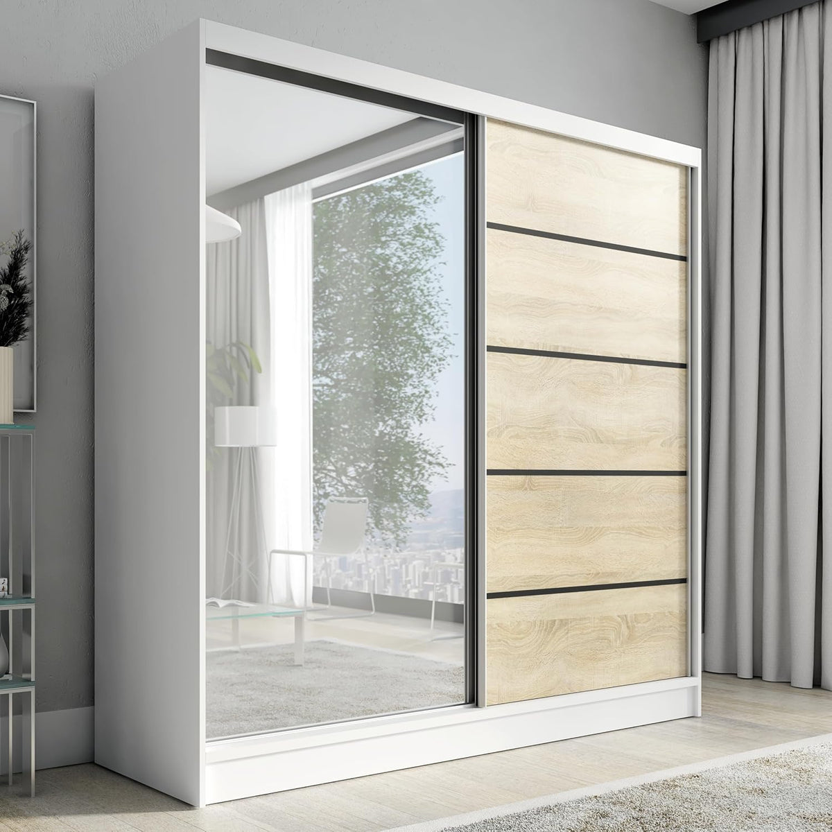 A&J MöbelLand Schwebetürenschrank Nero Kleiderschrank 2-türig mit Schubladen und Spiegel, Garderobe 200 cm (Weiß/Sonoma)