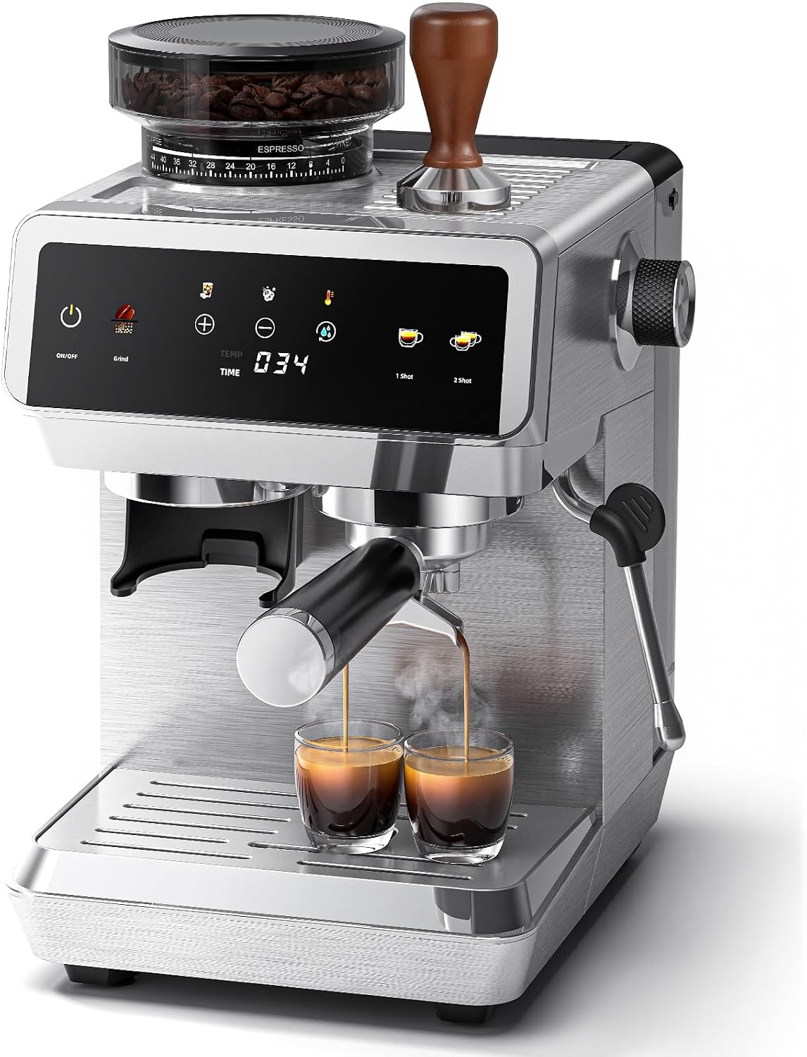 AMZCHEF Siebträgermaschine, 4-Temperaturstufen, 1,8L Tank, 20 Bar Espressomaschine mit mahlwerk, espressomaschine mit Milchaufschäumer, 44 Mahlgrade