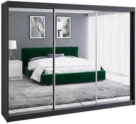 A&J MöbelLand Schwebetürenschrank ULMI Kleiderschrank 200 cm mit Spiegel und Schubladen, moderner Schlafzimmerschrank mit Schiebetüren (Schwarz)