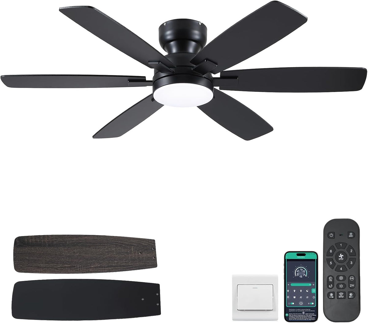 Kviflon 132 cm Moderner Deckenventilator mit Licht, für Schlafzimmer, Fernbedienung/APP-Steuerung, 6 Umkehrbare Klingen, 3 CCT Dimmbar, Schwarz