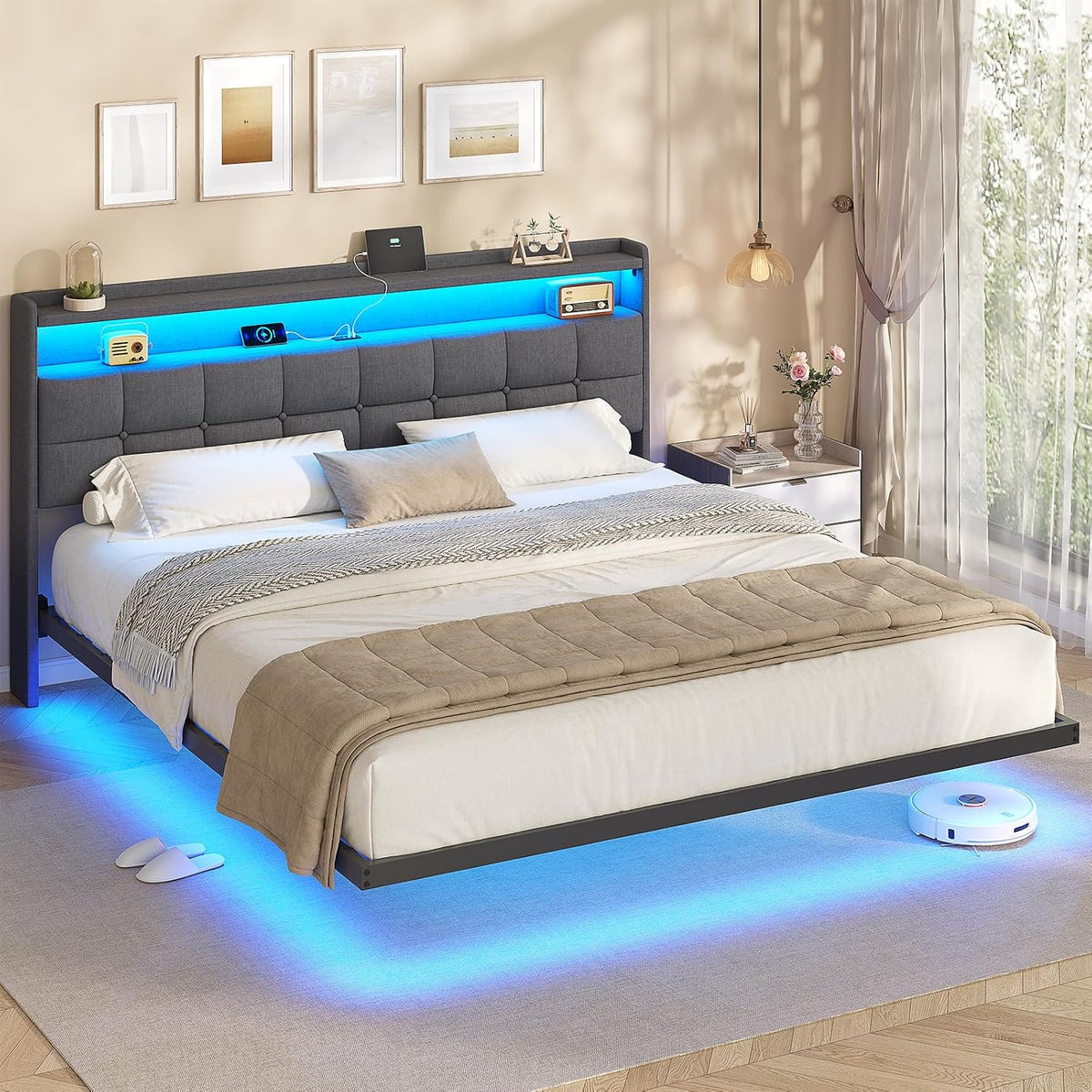 AOGLLATI Polsterbett 180x200 cm, Dunkelgrau (ohne Matratze), Bett Schwebebettrahmen, Bettrahmen mit LED-Beleuchtung und Ladestation, Doppelbettgestell