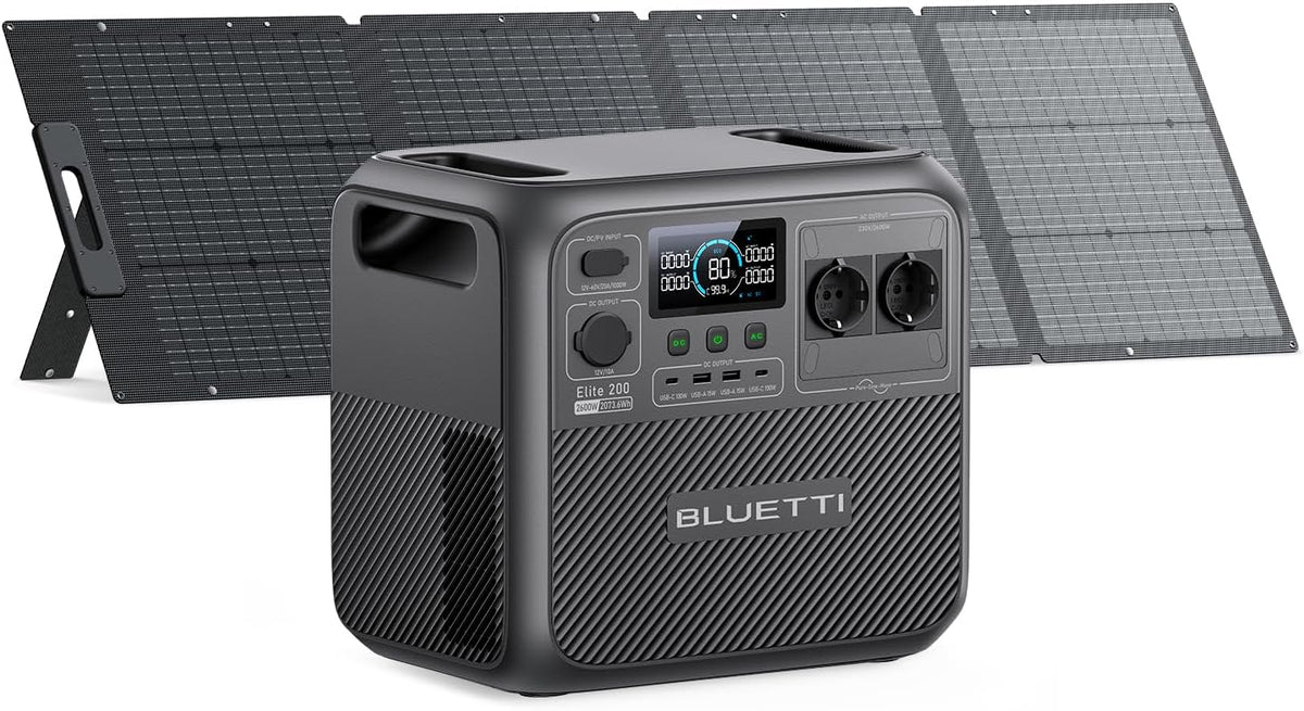 BLUETTI Elite 200 V2 Solar Generator (2025 Neu) mit 200W Solarpanel, 2073,6Wh Tragbare Powerstation mit 2 2600W AC Ausgängen, Off-grid, LiFePO4