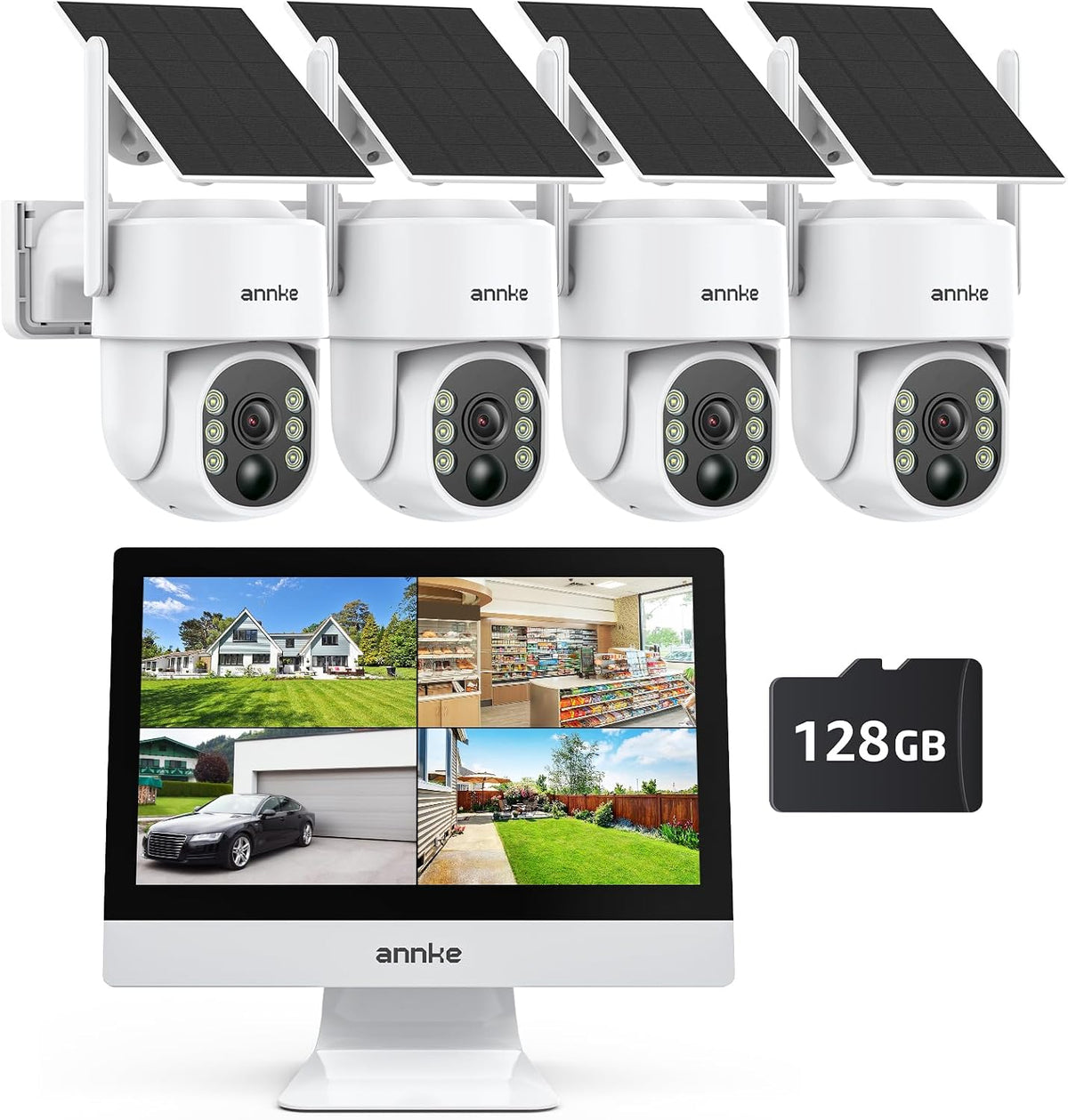 ANNKE 4MP Überwachungskamera Set Aussen WLAN mit 12''Monitor, 4X 4MP PTZ WiFi Kameras mit 2-Wege Audio, 10CH 4K Wireless NVR, 128GB SD Karte