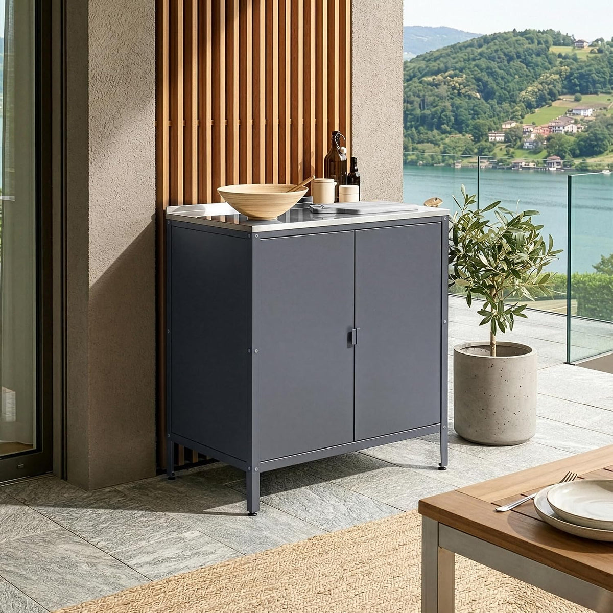 casa.pro Outdoor Schrank Bolognano Gartenschrank Balkonschrank Spind Zwei Türen für Innen- und Außenbereich 92x80x50 cm Dunkelgrau, matt