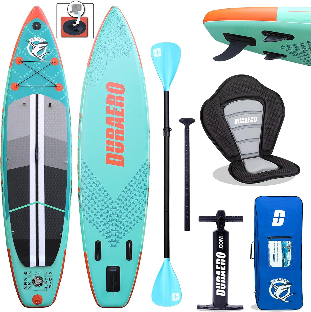 Aufblasbare SUP Board Set Stand Up Paddle Board Premium Surfboard inkl. Kajak Sitz, bis 150kg, 330x76x15cm, Dopple Paddel und komplette Zubehöre
