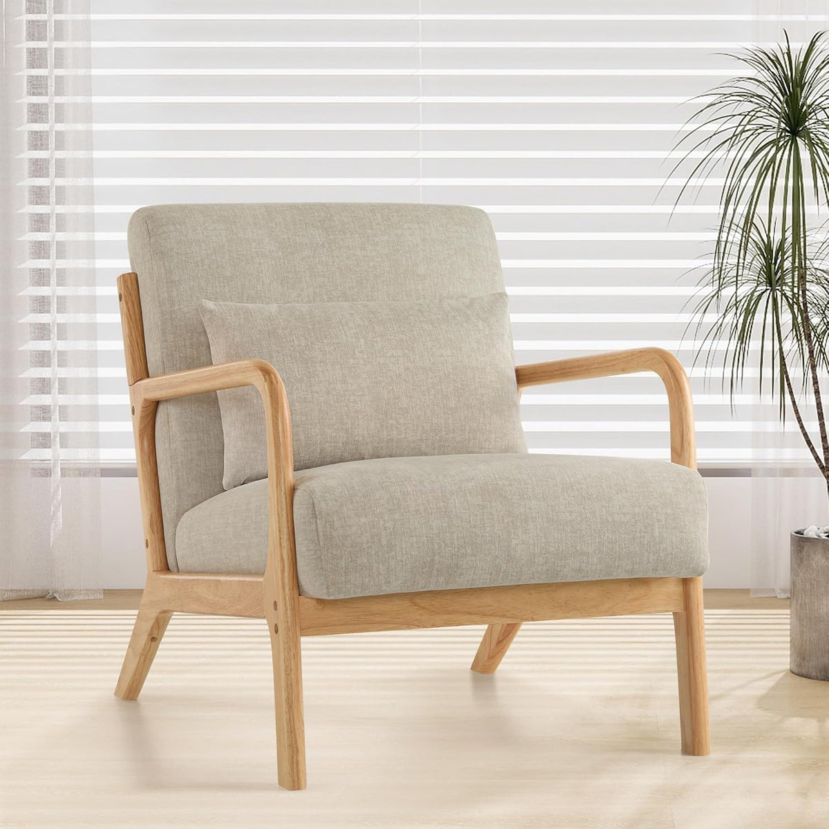 Accent Sessel mit Kissen, Moderner Polstersessel für Wohnzimmer, LoungeStuhl mit Armlehnen&Holzrahmen, bequemer Lesesessel, Stoff Hellgrau