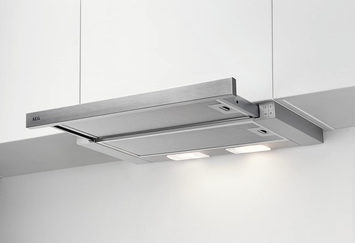 AEG DPS362AS Flachschirm-Dunstabzugshaube / Abluft oder Umluft / 60cm / Grau / max. 215 m³/h / min. 58, max. 71 dB(A) / C / Kurzhubtasten / Grau