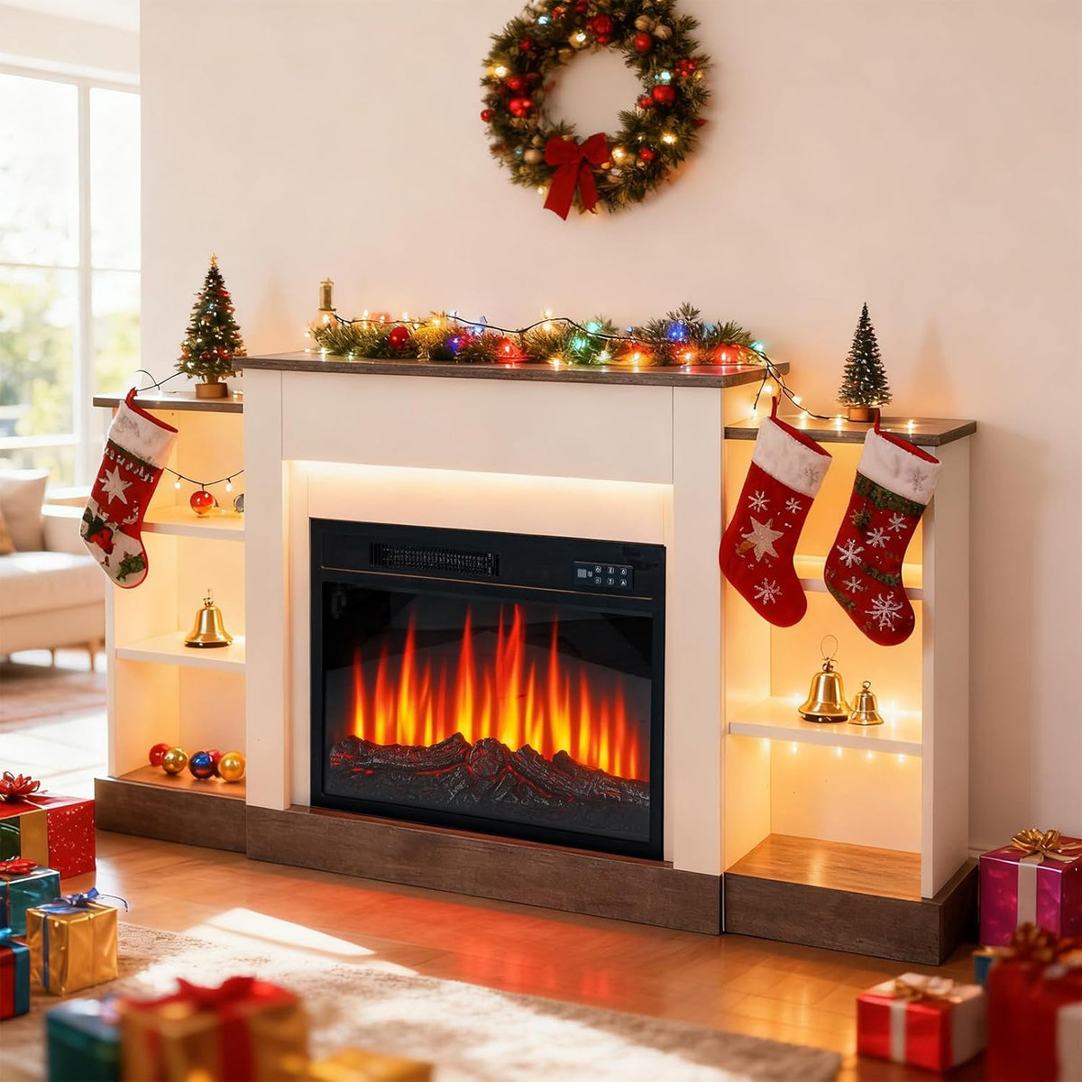 1500W Elektrischer Wandkamin mit Heizfunktion, 3D-Flammeneffekt, Thermostatsteuerung mit Staufach, stimmungsvolle Beleuchtung, Fernbedienung