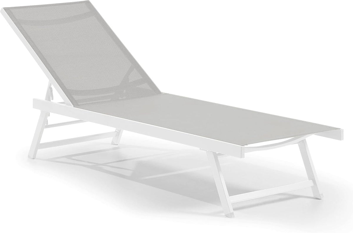 Leco-Sonnenliege Elina, Formschöne Aluminium-Gartenliege mit 5fach Verstellbarer Rückenlehne und einklappbaren Füßen, Gestell Weiß