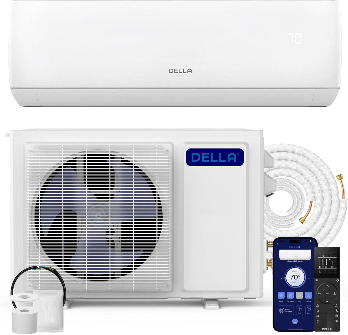 DELLA Motto Series 18000 BTU WiFi aktiviert Mini Split 19 SEER2 kühlt bis zu 1000 Quadratfuß, Klimaanlage und Heizung mit vorinstallierter Wärmepumpe