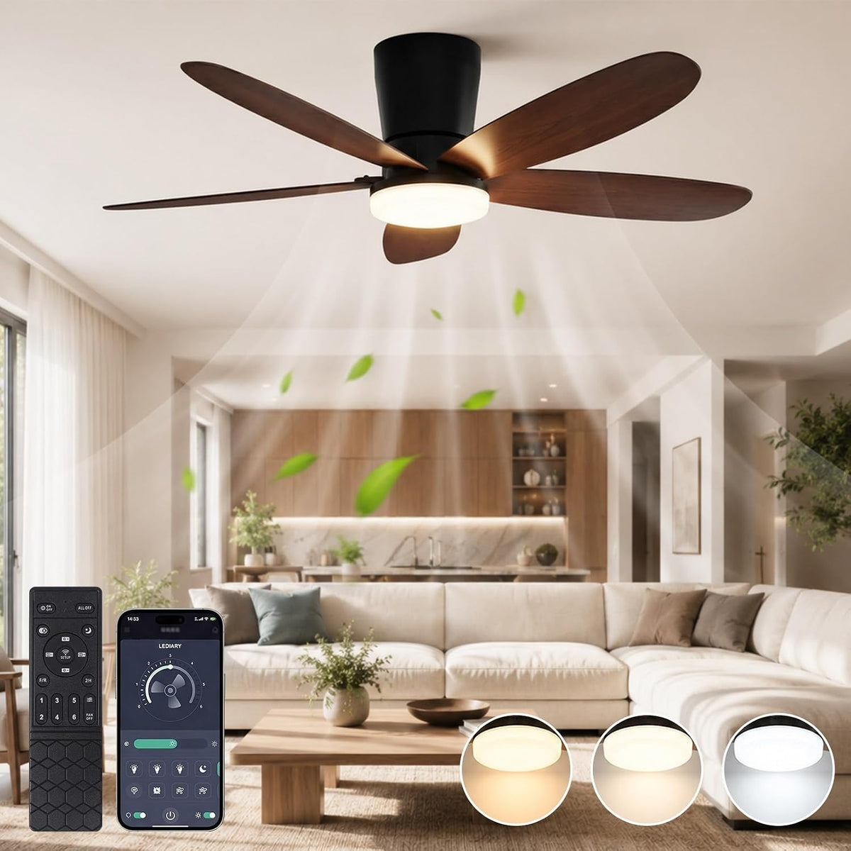 Deckenventilator mit Beleuchtung & Fernbedienung, App-Steuerung 107 cm Deckenventilator Leise mit DC Motor, Reversibel für Schlafzimmer & Wohnzimmer
