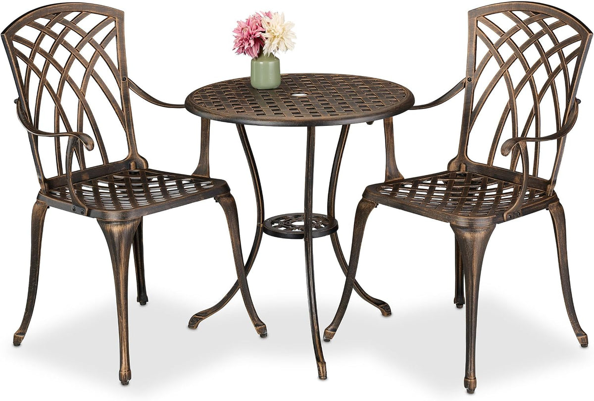 Relaxdays Gartenmöbel Set 3-teilig, Tisch, 2 Stühle, Aluguss, Balkonmöbel Antikdesign, Garten Sitzgruppe, schwarz/Bronze